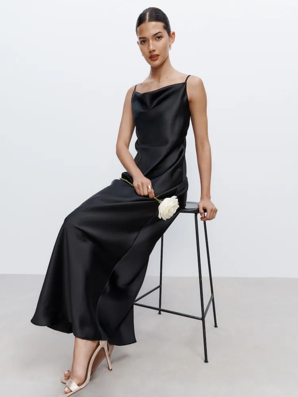 Black Satin Slip Maxi Dress - Elegant Women's Evening Dress - Picture 1 of 2